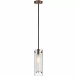 Dainolite Signature Pendant Light - 1-Light - 5-in X 15-in - Oil Brushed Bronze/Glass